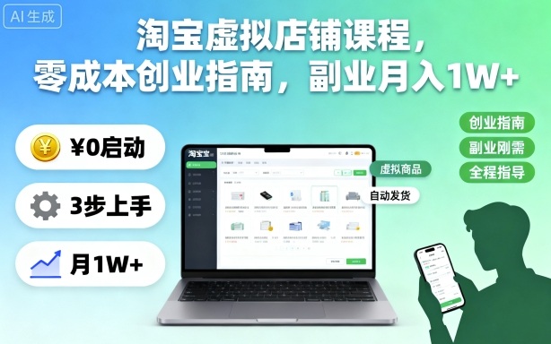 淘宝虚拟店铺课程,零成本创业指南,副业月入1W+-吾爱自习网