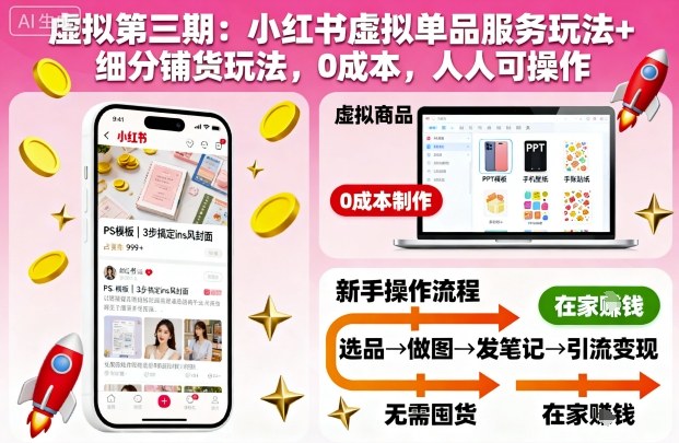 虚拟第三期:小红书虚拟单品服务玩法+细分铺货玩法,0成本,人人可操作-吾爱自习网