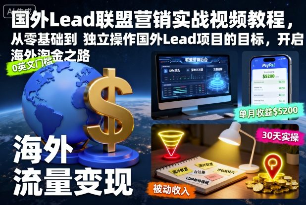 国外Lead联盟营销实战视频教程,从零基础到独立操作国外Lead项目的目标,开启海外淘金之路-吾爱自习网