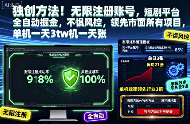 独创方法!无限注册账号,短剧平台全自动掘金,不惧风控,领先市面所有项目,单机一天3张【揭秘】-吾爱自习网