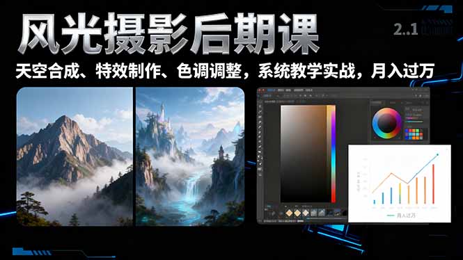 风光摄影后期课，一键换天空合成、特效制作、色调调整，月入过万-吾爱自习网