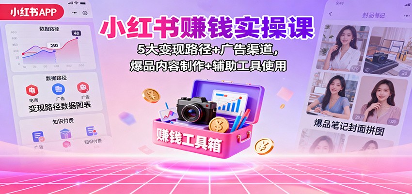 小红书赚钱实操课：5大变现路径+广告渠道，爆品内容制作+辅助工具使用-吾爱自习网