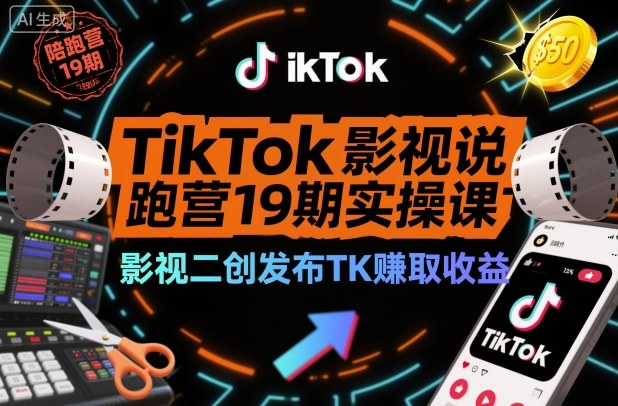 TikTok影视解说陪跑营19期实操课，影视二创发布TK賺取收益，万播收益50美金-吾爱自习网