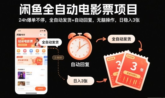 闲鱼全自动电影票项目，24h爆单不停，全自动发货+自动回复，无脑操作，日稳入3张【揭秘】-吾爱自习网