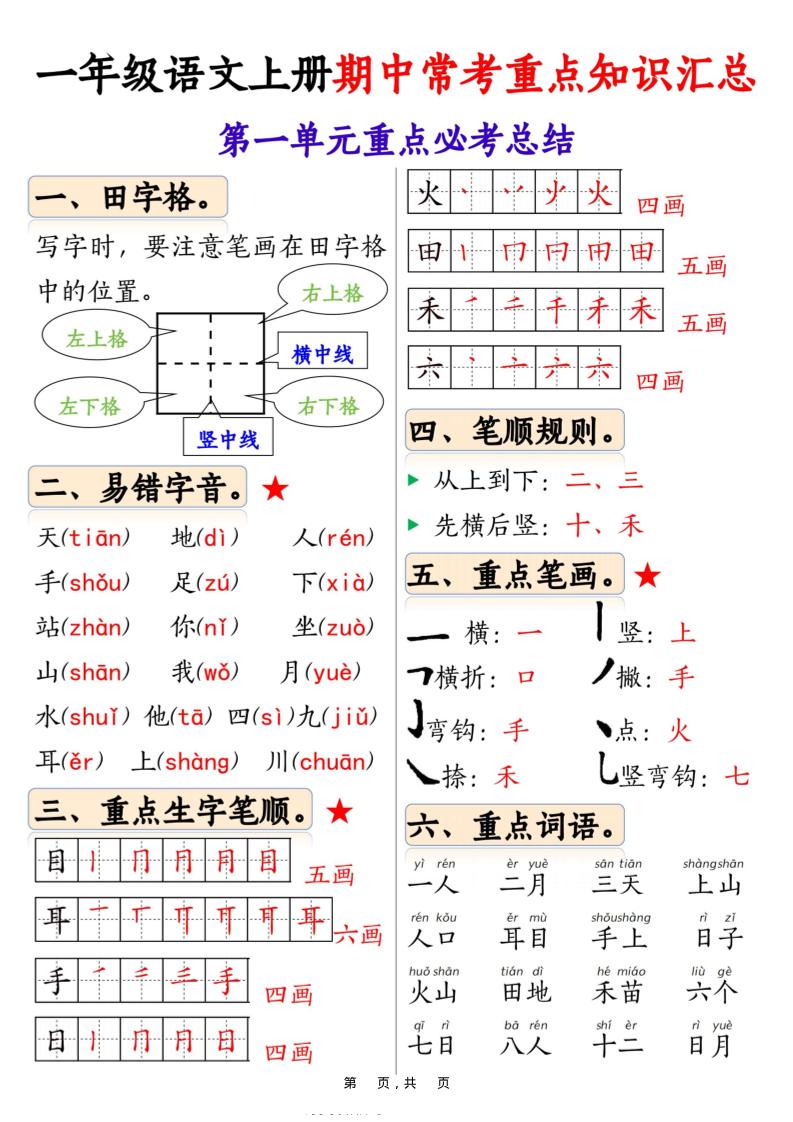新一上语文1-4单元期中常考重点知识汇总8页-吾爱自习网
