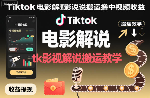 Tiktok电影解说搬运撸中视频收益,tk影视解说搬运教学-吾爱自习网
