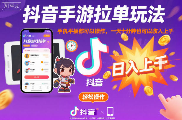 抖音手游拉单玩法，手机平板都可以操作，一天十分钟也可以收入上K【揭秘】-吾爱自习网