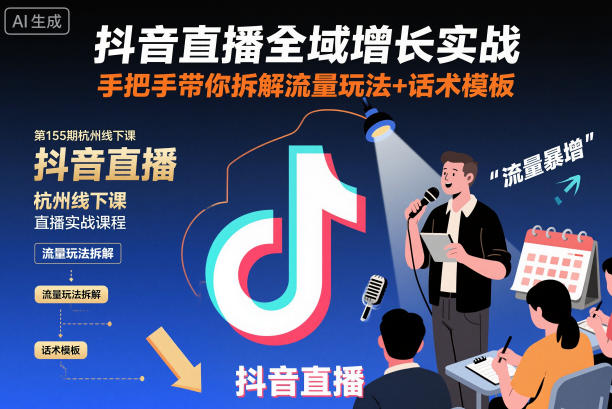 抖音直播全域增长实战第155期杭州线下课,手把手带你拆解流量玩法+话术模板-吾爱自习网