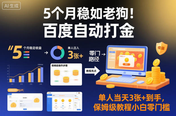 5个月稳如老狗！百度自动打金，单人当天3张+到手，保姆级教程小白零门槛【揭秘】-吾爱自习网