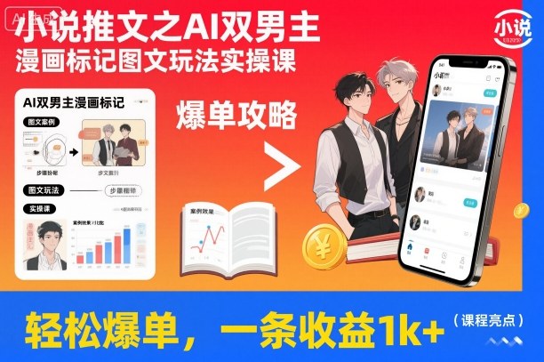 小说推文之AI双男主漫画标记图文玩法实操课，轻松爆单，一条收益1k+-吾爱自习网