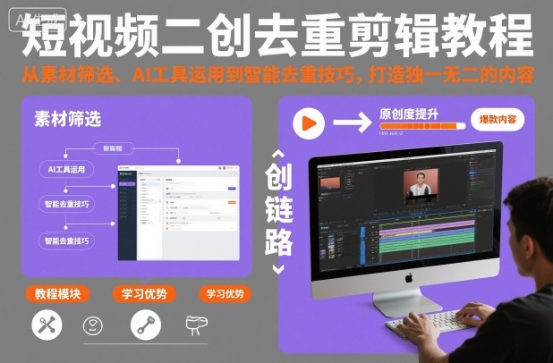 短视频二创去重剪辑教程，从素材筛选、AI工具运用到智能去重技巧，打造独一无二的内容-吾爱自习网
