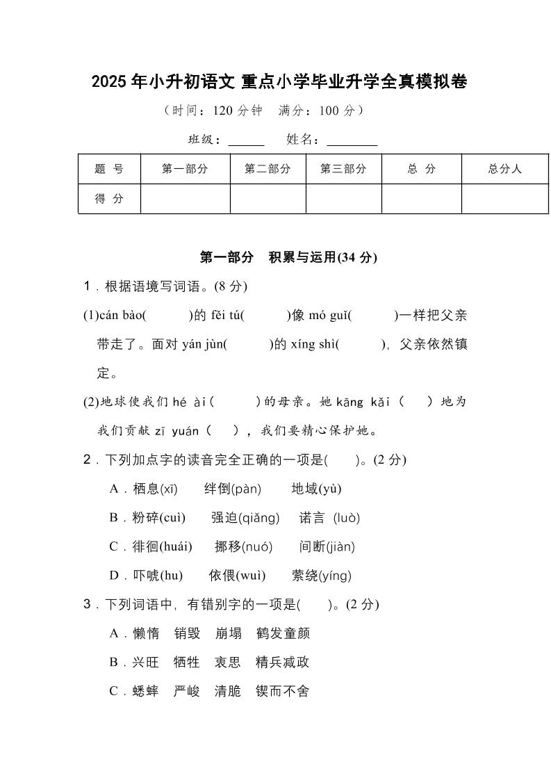 2025年小升初语文重点小学毕业升学全真模拟卷（一）13页-吾爱自习网