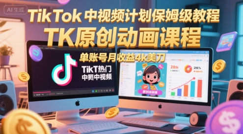 TikTok中视频计划保姆级教程，TK原创动画课程，单账号月收益4k美刀-吾爱自习网