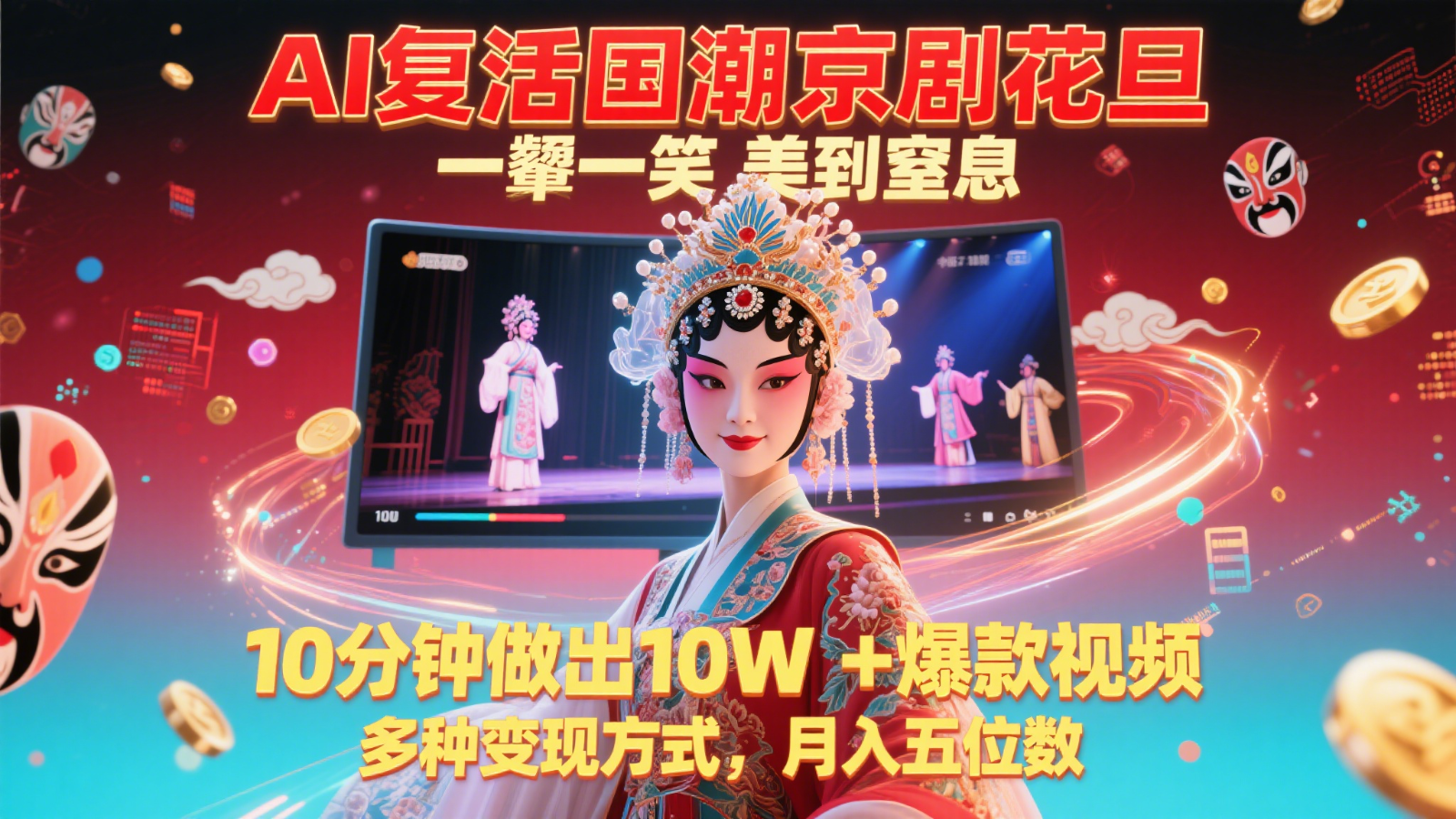 AI复活国潮京剧花旦，一颦一笑美到窒息，10分钟做出10W+爆款视频，多种变现方式-吾爱自习网