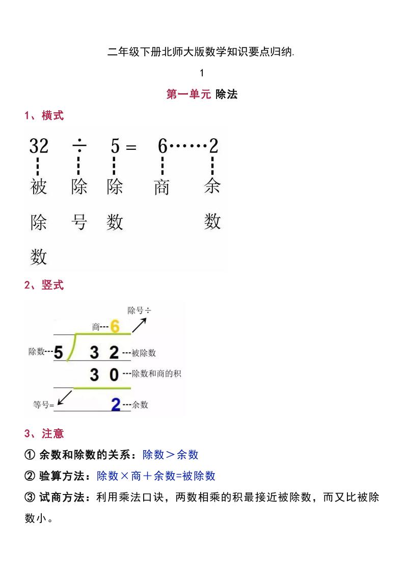 二下北师大版数学知识要点归纳-吾爱自习网