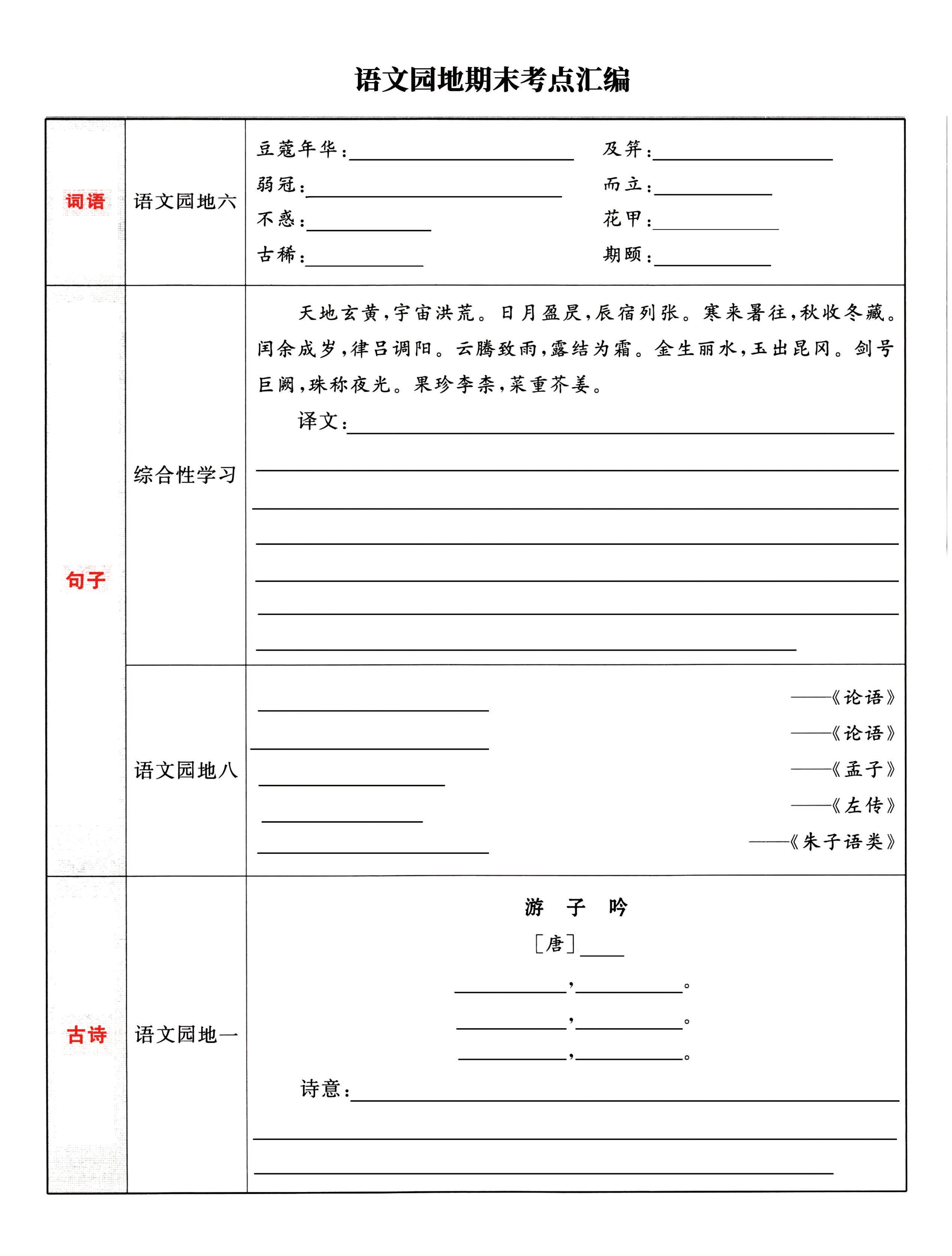 五下语文《语文园地》期末考点汇编，附配套习题和默写集训-吾爱自习网