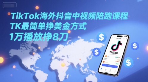 TikTok海外抖音中视频陪跑课程，TK最简单挣美金方式，1万播放挣8刀-吾爱自习网