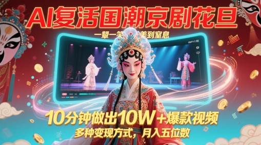AI复活国潮京剧花旦，一颦一笑美到窒息，10分钟做出10W+爆款视频，多种变现方式，月入五位数-吾爱自习网