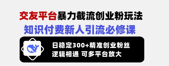 交友平台暴力截流创业粉玩法，知识付费新人引流必修课，日稳定300+精准创业粉丝，逻辑相通可多平台放大-吾爱自习网