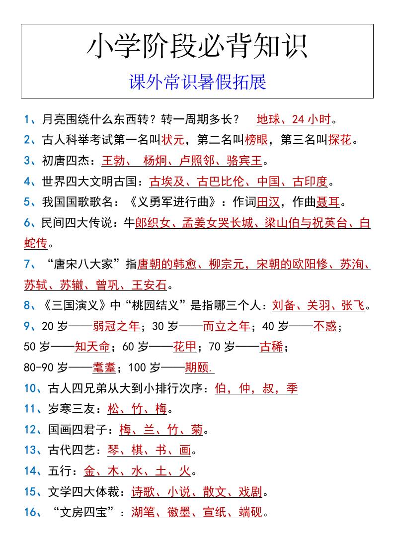小学阶段必背知识课外常识暑假拓展-小升初语文-吾爱自习网