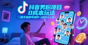 抖音男粉项目0成本玩法，一部手机即可操作，日均4张+，时间自由-吾爱自习网