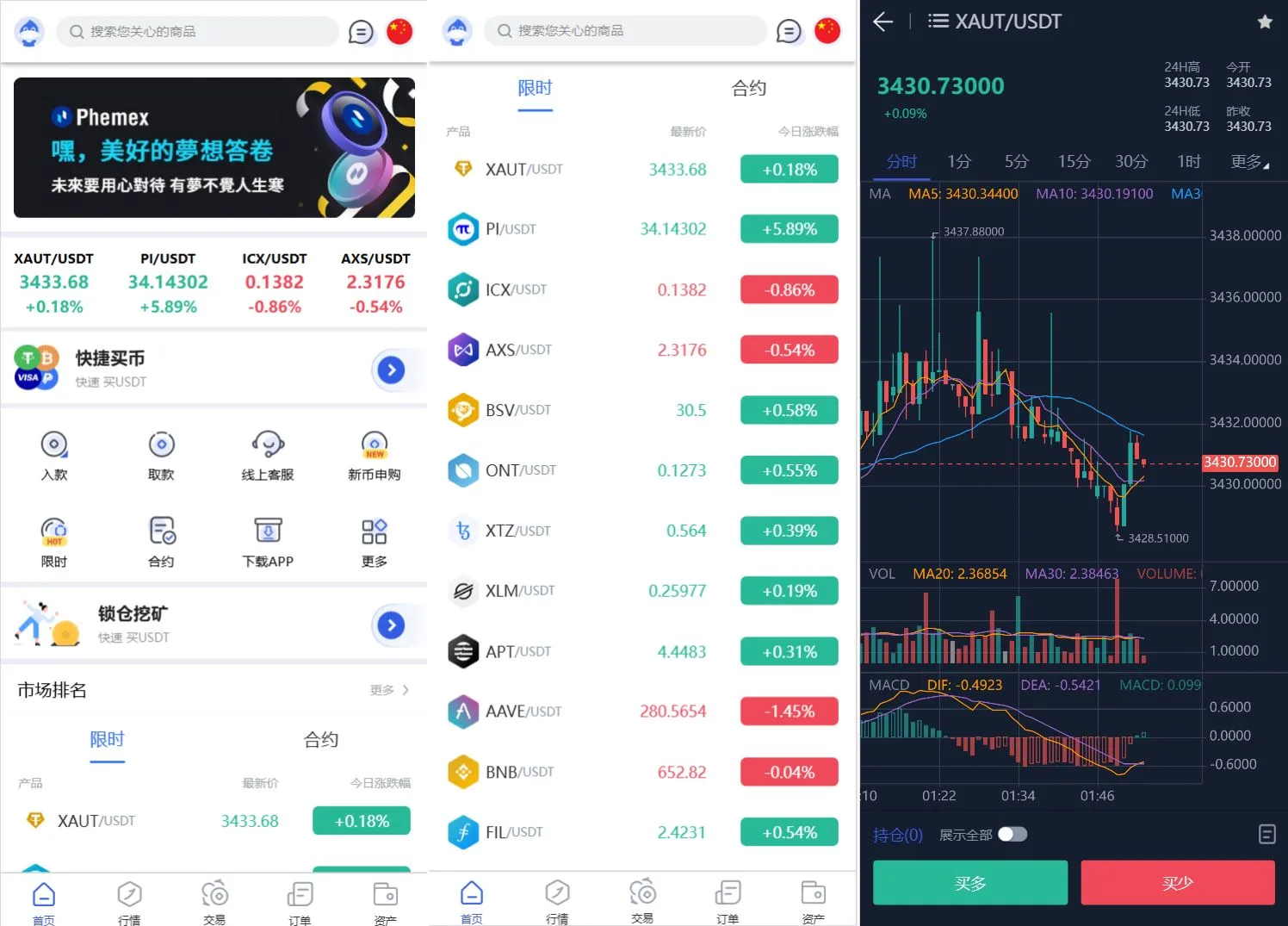 Phemex多语言交易所源码/期权交易+合约交易+新币申购+锁仓挖矿+平台币发行+K线行情控制/前端uniapp编译后+后端PHP-吾爱自习网