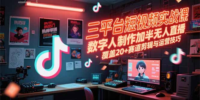 三平台短视频实战课，数字人制作加半无人直播，覆盖20+赛道剪辑与运营技巧-吾爱自习网