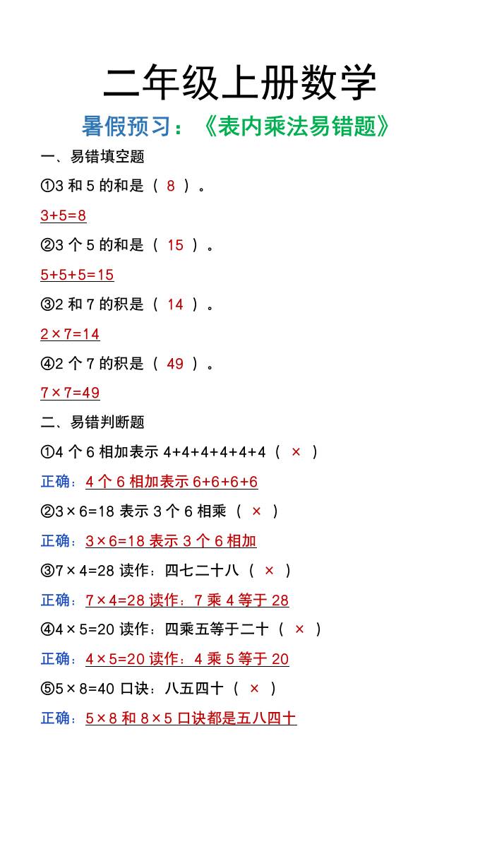 二年级上册数学暑假预习《表内乘法易错题》-吾爱自习网