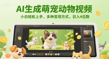 AI生成萌宠动物视频，小白轻松上手，多种变现方式，日入4位数-吾爱自习网