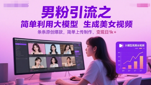 男粉引流之简单利用大模型生成美女视频，条条原创爆款，简单上传制作，变现日1k+-吾爱自习网