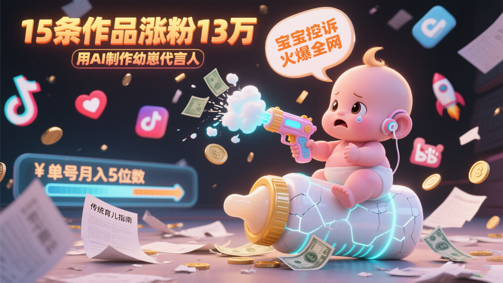 用AI制作幼崽代言人，宝宝的控诉火爆全网，15条作品涨粉13万，单号月入5位数实操教程-吾爱自习网
