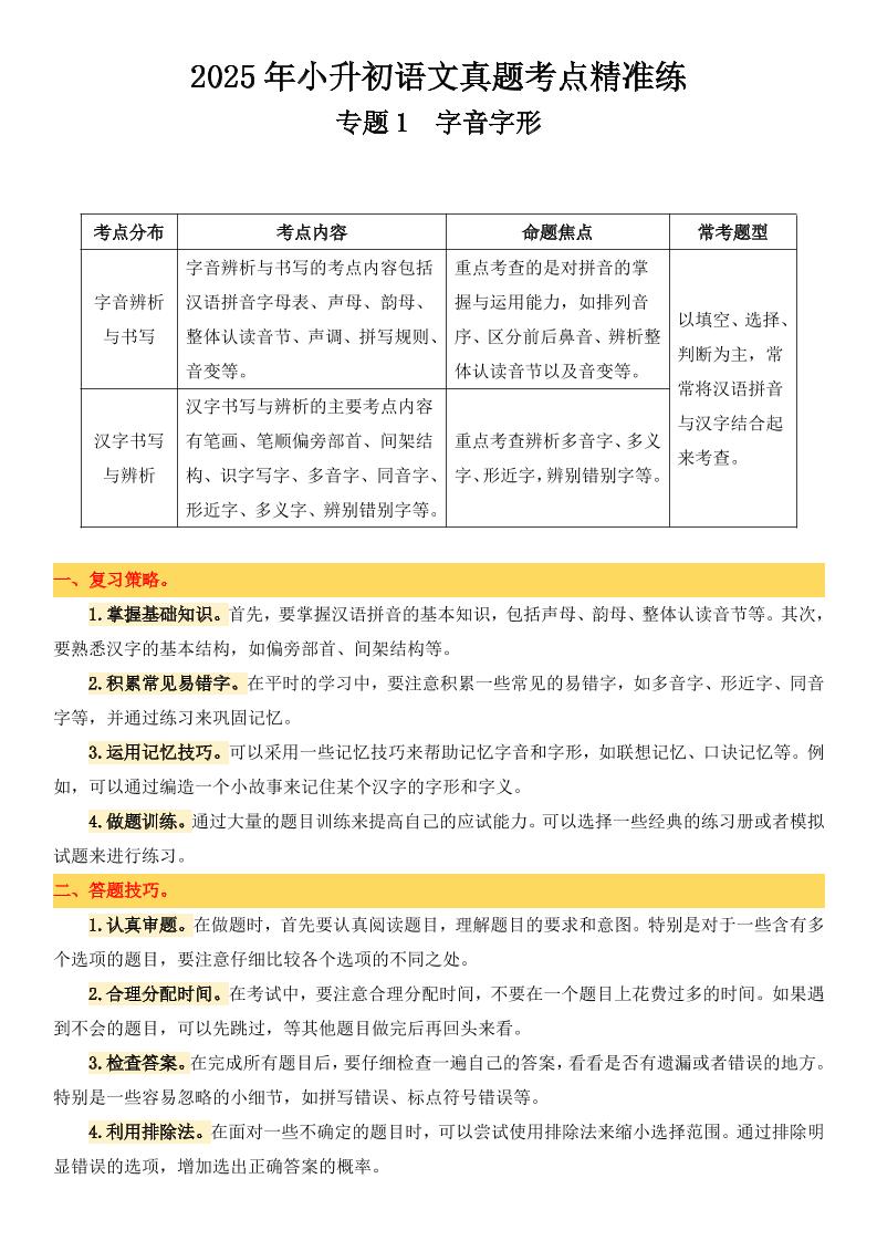 小升初语文备考真题分类汇编专题1字音字形-吾爱自习网