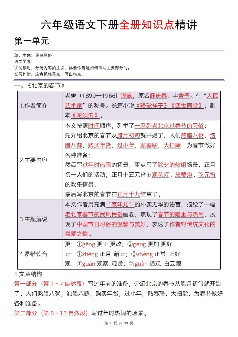 六年级语文下册全册知识点精讲33页-吾爱自习网