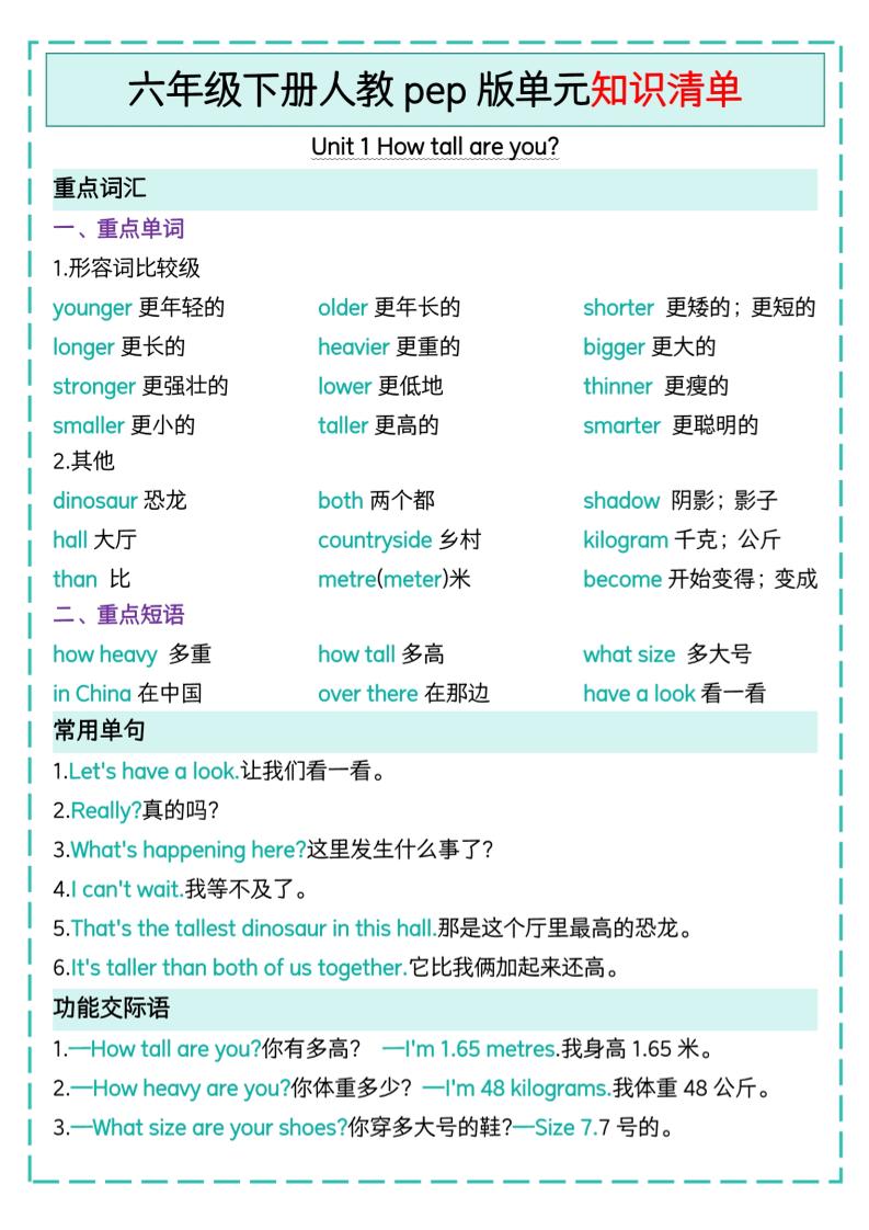 六下英语人教pep版单元知识清单-吾爱自习网