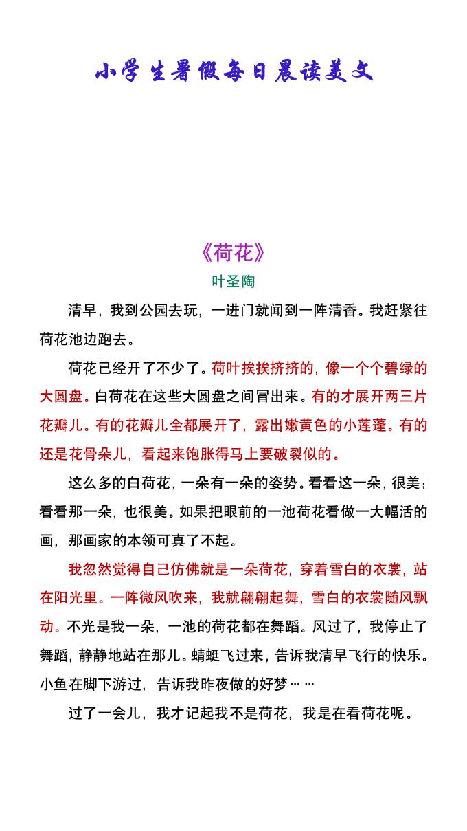 小学生暑假每日晨读美文：叶圣陶《荷花》-小升初语文-吾爱自习网