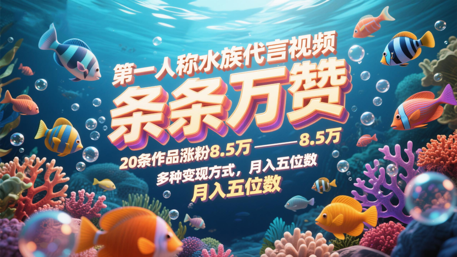 第一人称水族代言视频，条条万赞，20条作品涨粉8.5万，多种变现方式月，入五位数-吾爱自习网