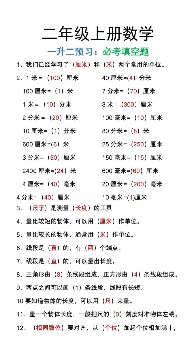 二年级上册数学暑假预习必做《重点填空题》-吾爱自习网