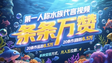 第一人称水族代言视频，条条万赞，20条作品涨粉7.8W，多种变现方式月入五位数-吾爱自习网